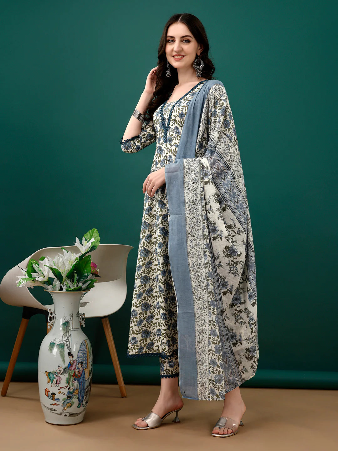 Women's Navy Blue Floral Printed Anarkali Cotton Kurta Pant With Dupatta