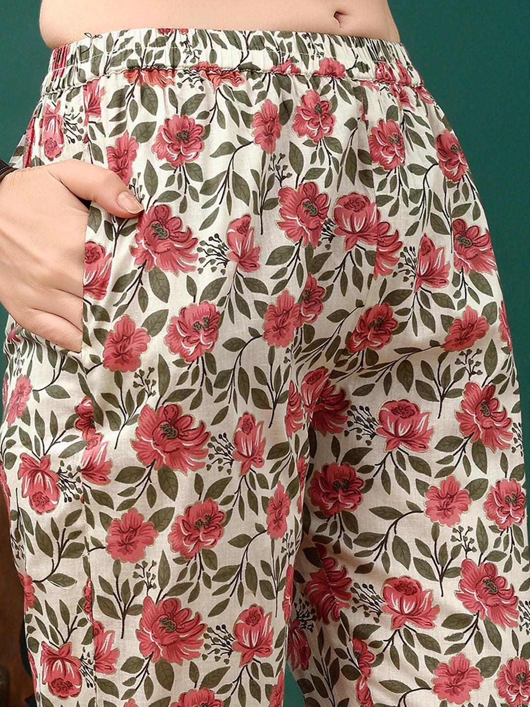 Women's Pink Floral Printed Anarkali Cotton Kurta Pant With Dupatta
