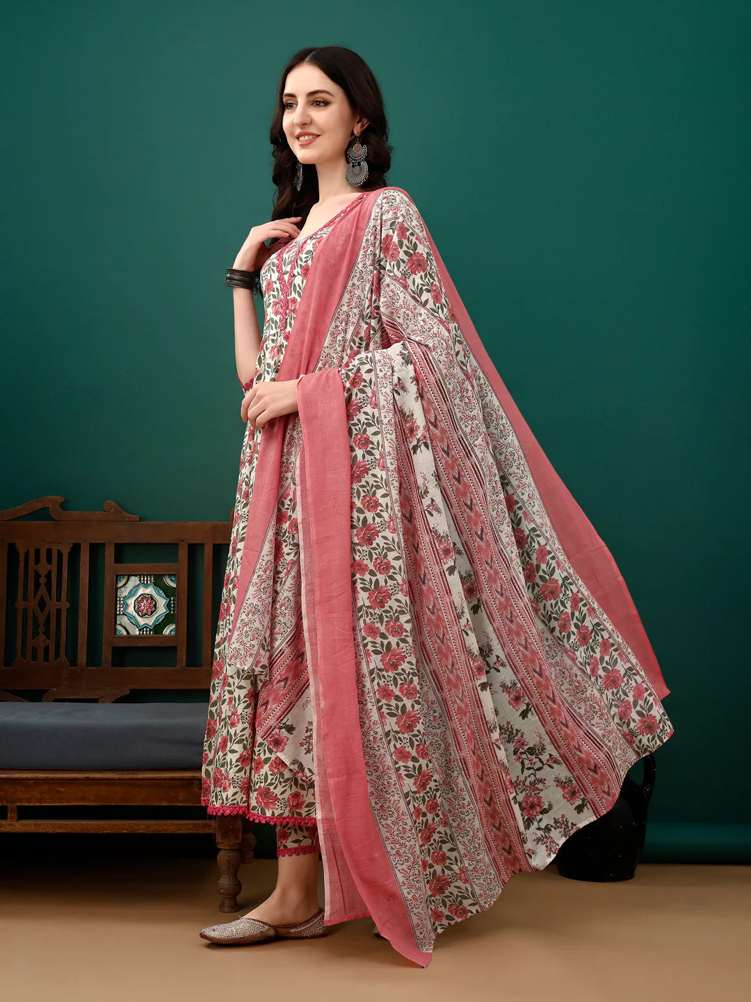 Women's Pink Floral Printed Anarkali Cotton Kurta Pant With Dupatta