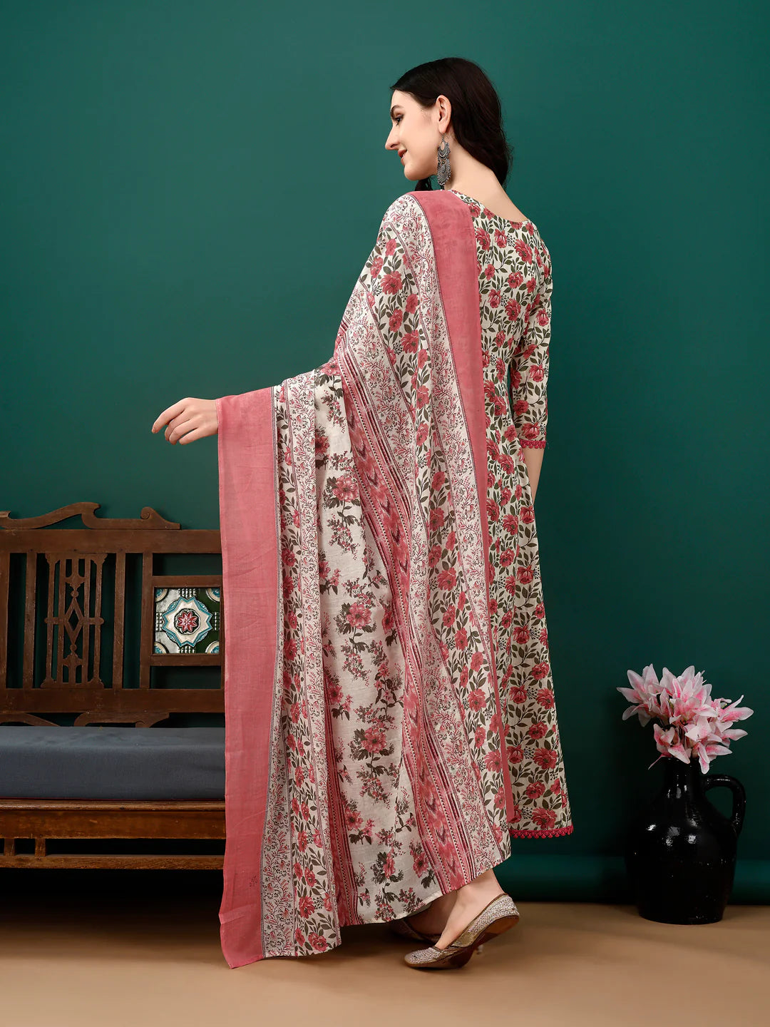 Women's Pink Floral Printed Anarkali Cotton Kurta Pant With Dupatta