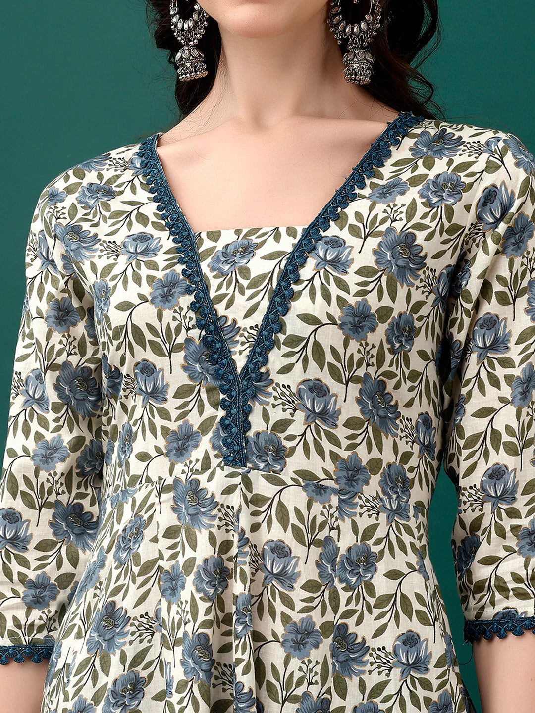 Women's Navy Blue Floral Printed Anarkali Cotton Kurta Pant With Dupatta