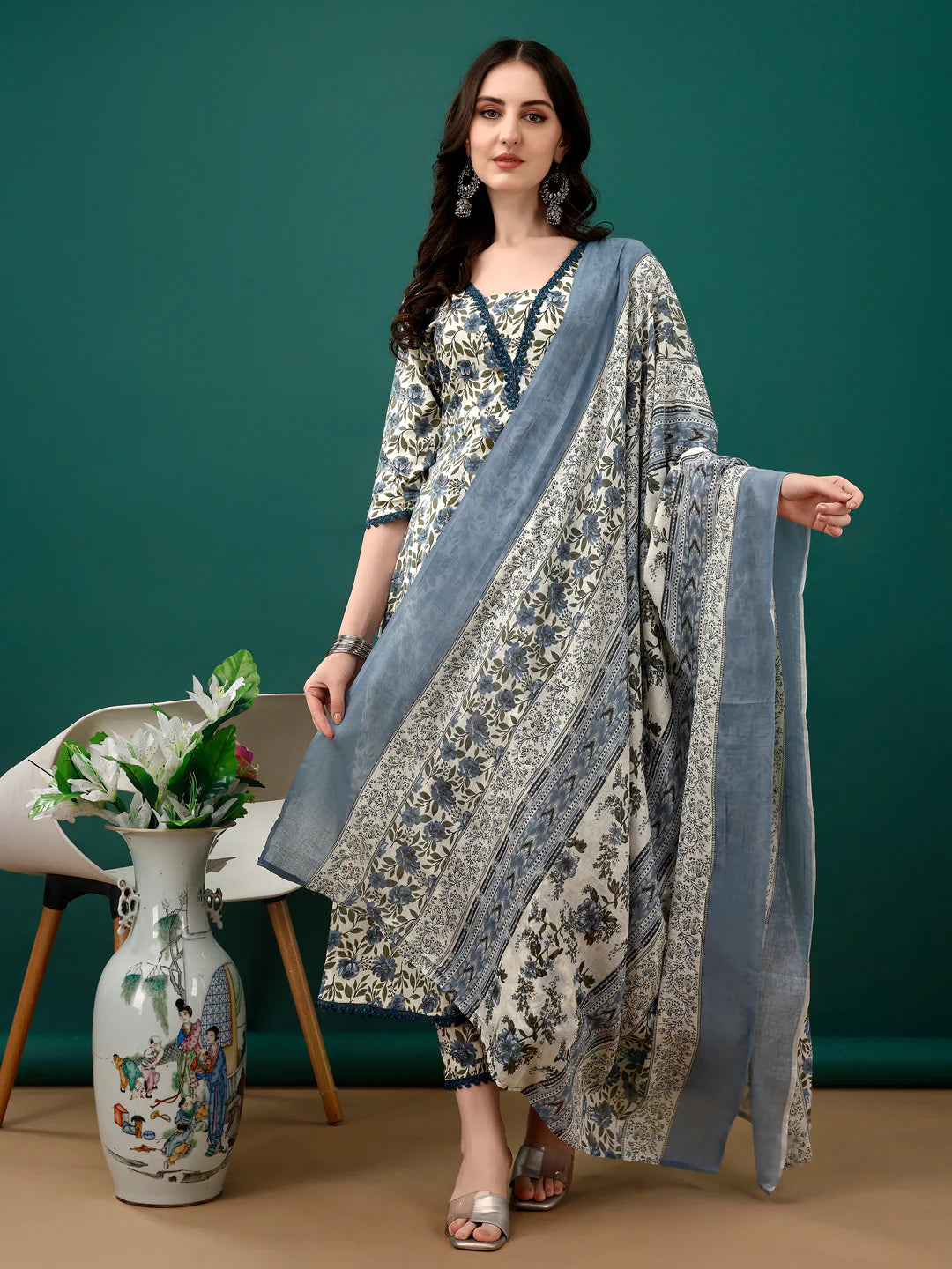 Women's Navy Blue Floral Printed Anarkali Cotton Kurta Pant With Dupatta
