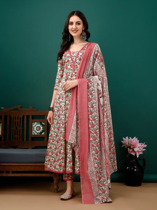 Women's Pink Floral Printed Anarkali Cotton Kurta Pant With Dupatta