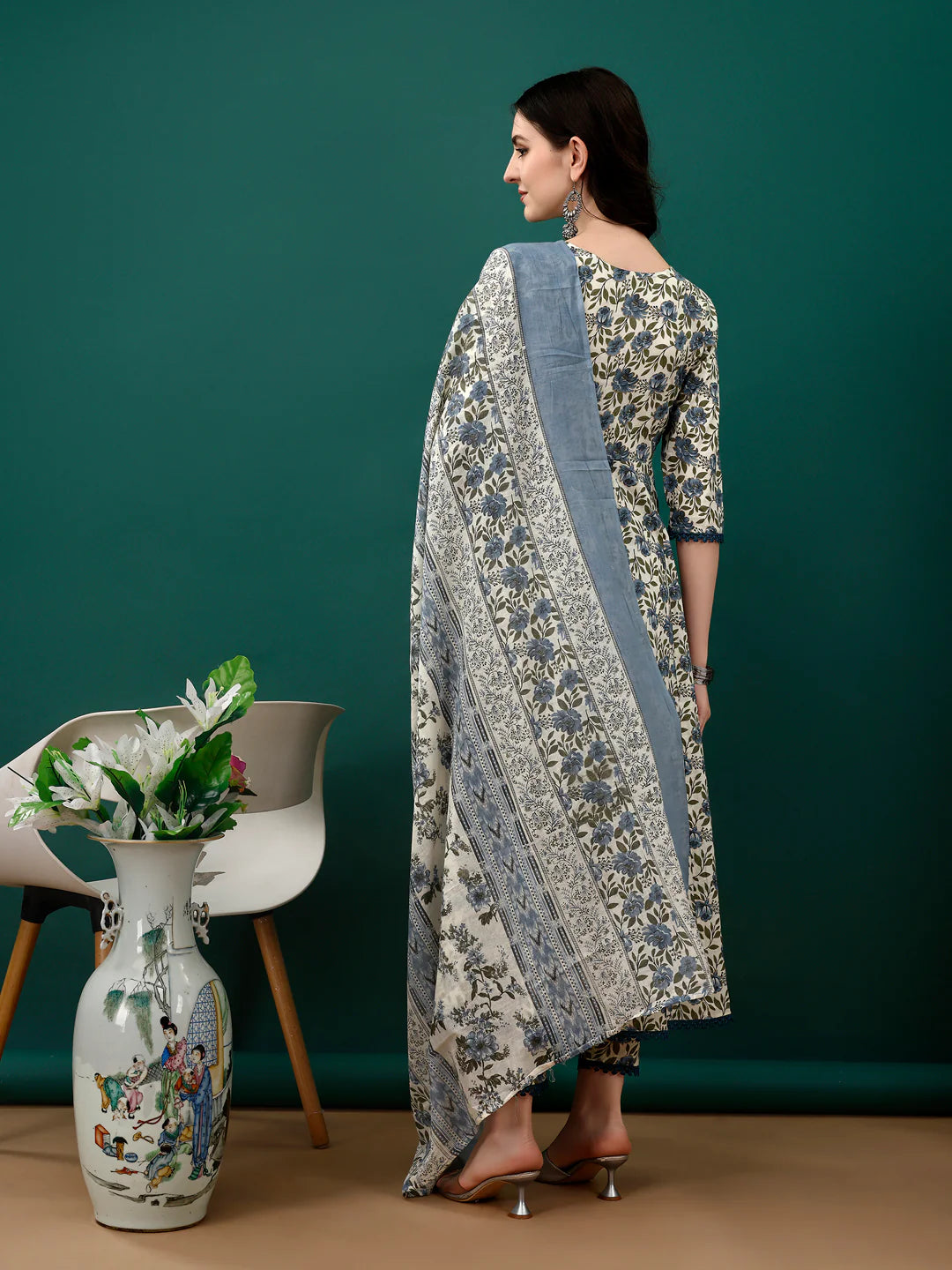 Women's Navy Blue Floral Printed Anarkali Cotton Kurta Pant With Dupatta