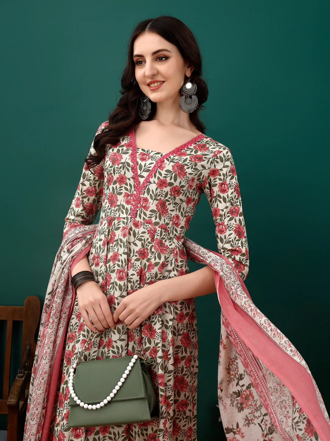 Women's Pink Floral Printed Anarkali Cotton Kurta Pant With Dupatta