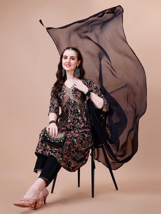 Women's Black Alia Cut Floral Printed & Embroidered Cotton Kurta Pant With Dupatta