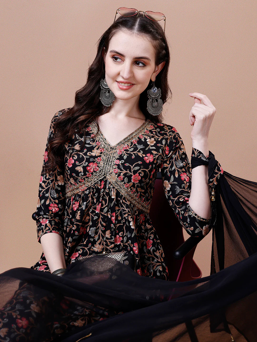 Women's Black Alia Cut Floral Printed & Embroidered Cotton Kurta Pant With Dupatta