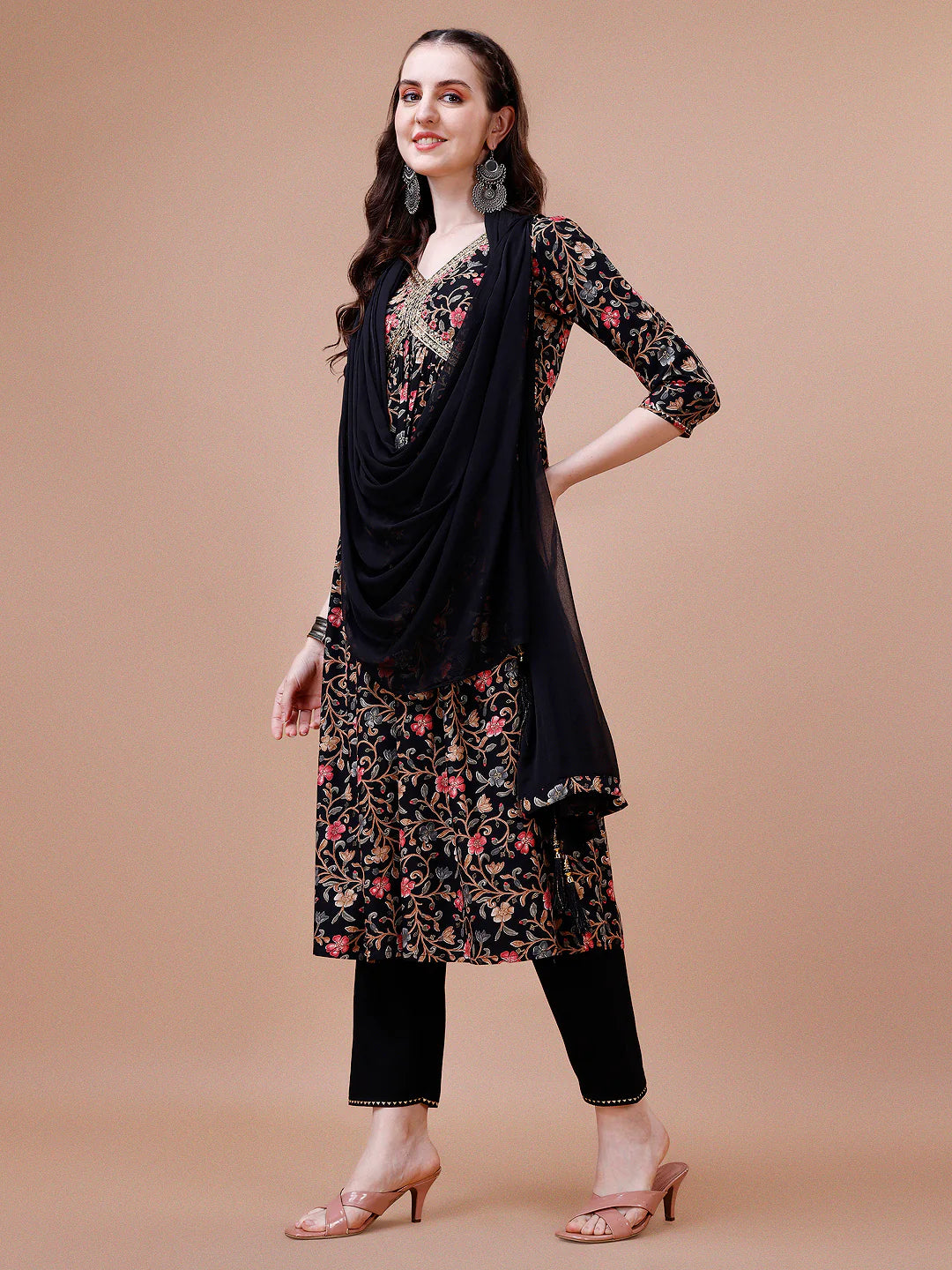 Women's Black Alia Cut Floral Printed & Embroidered Cotton Kurta Pant With Dupatta