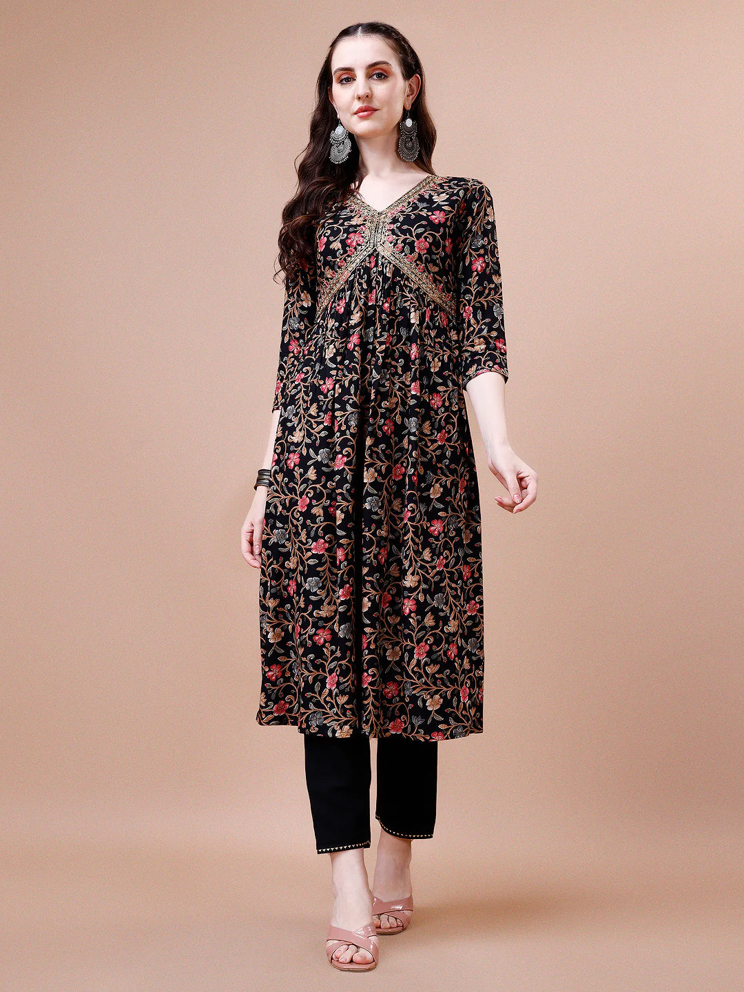Women's Black Alia Cut Floral Printed & Embroidered Cotton Kurta Pant With Dupatta