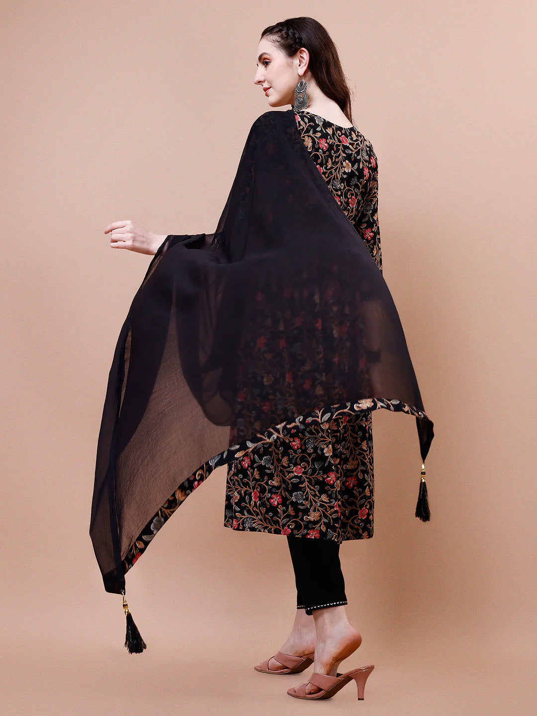 Women's Black Alia Cut Floral Printed & Embroidered Cotton Kurta Pant With Dupatta