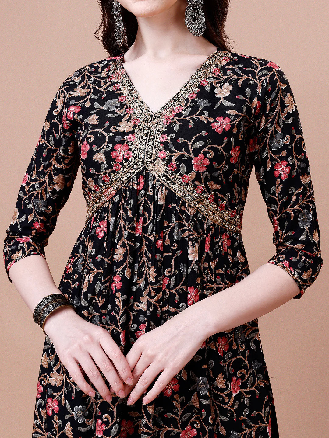 Women's Black Alia Cut Floral Printed & Embroidered Cotton Kurta Pant With Dupatta