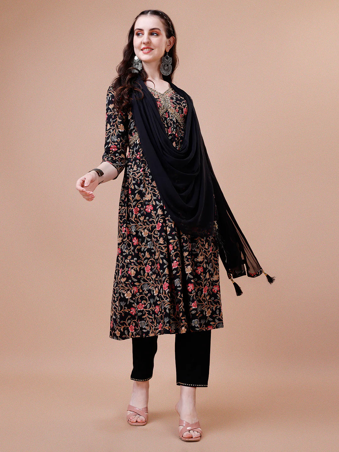 Women's Black Alia Cut Floral Printed & Embroidered Cotton Kurta Pant With Dupatta