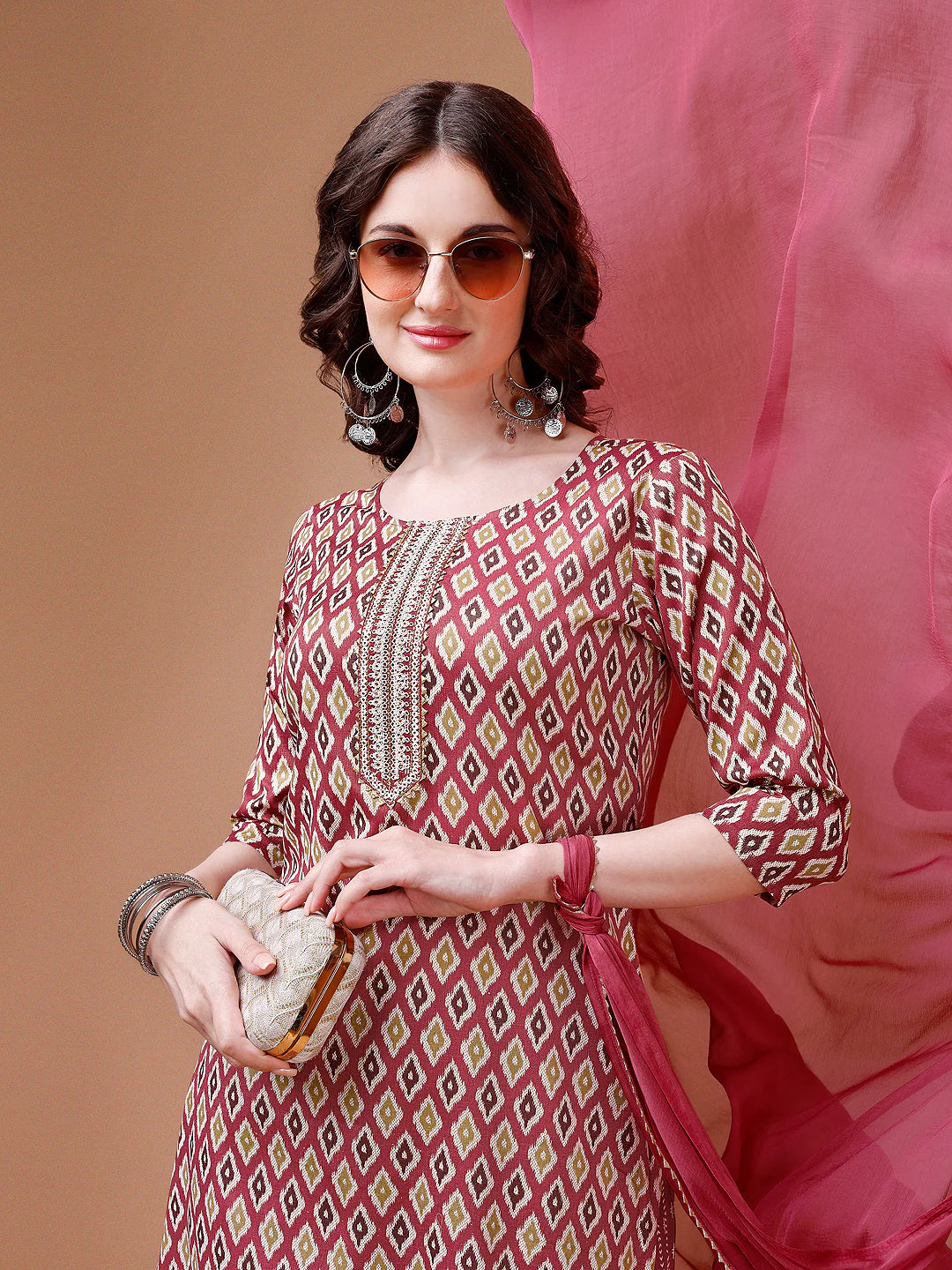 Women's Pink Ethnic Motifs Printed Cotton Kurta Pant With Dupatta