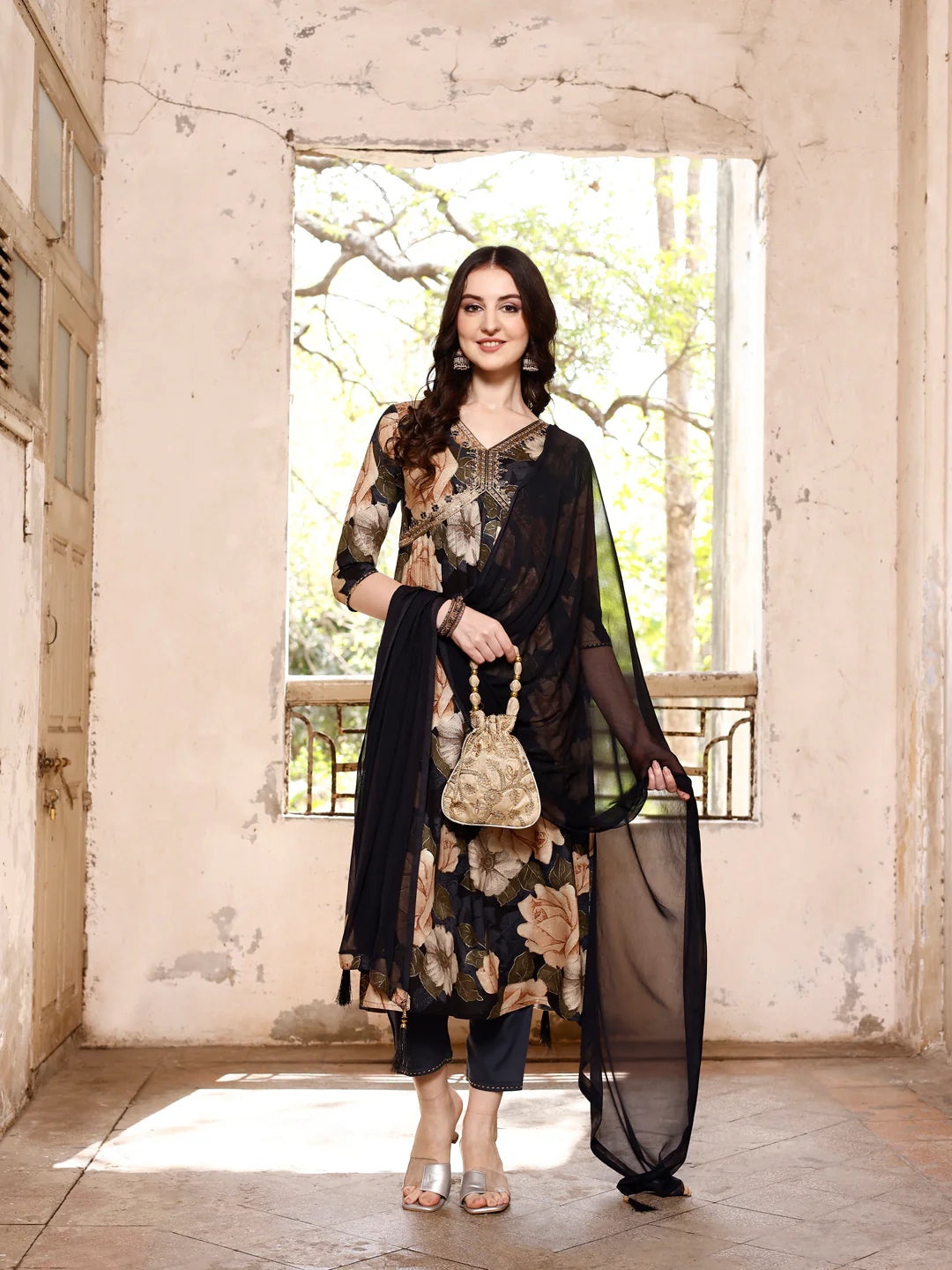 Women's Grey Multicolour Alia Cut Printed & Embroidered Cotton Kurta Pant With Dupatta