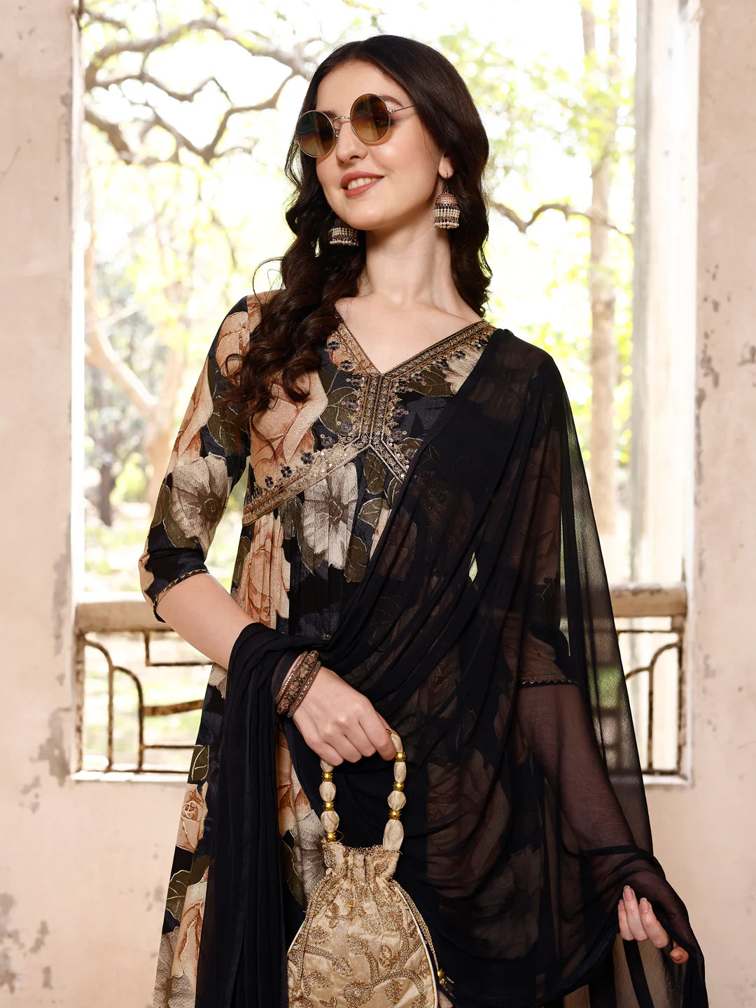 Women's Grey Multicolour Alia Cut Printed & Embroidered Cotton Kurta Pant With Dupatta