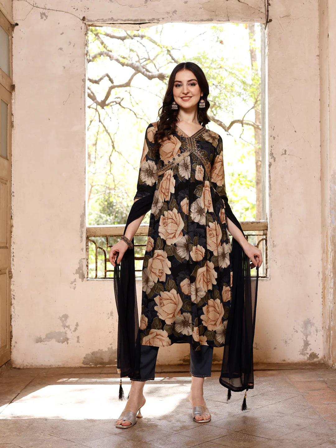 Women's Grey Multicolour Alia Cut Printed & Embroidered Cotton Kurta Pant With Dupatta