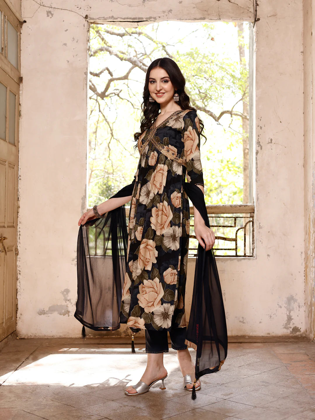 Women's Grey Multicolour Alia Cut Printed & Embroidered Cotton Kurta Pant With Dupatta