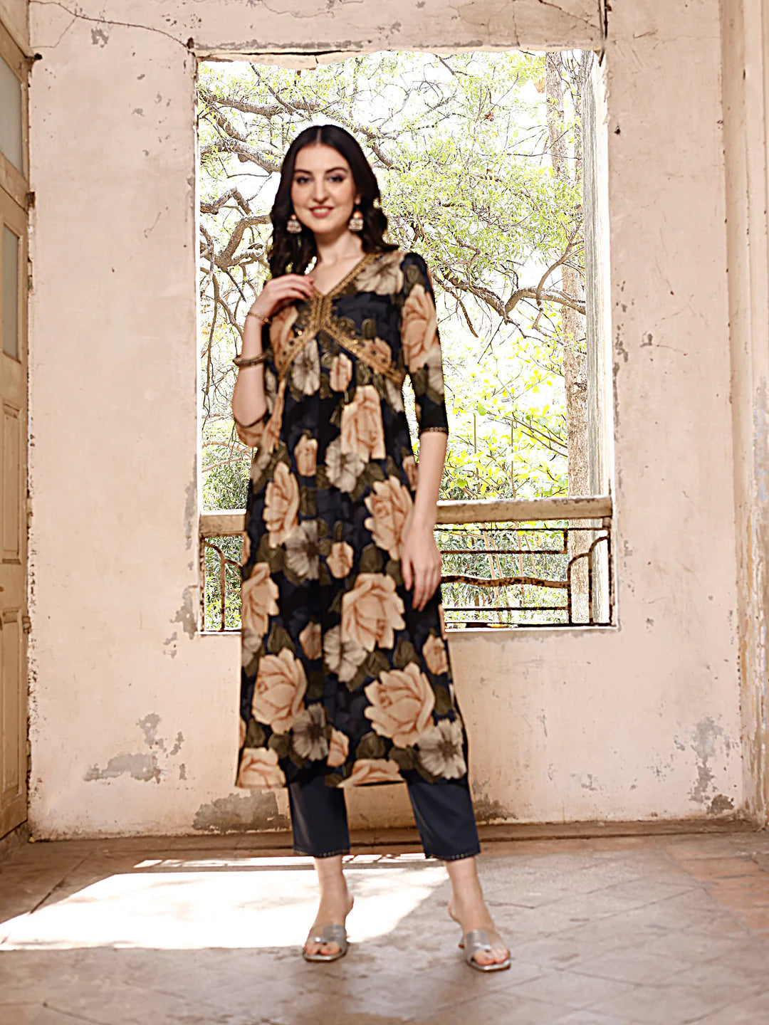 Women's Grey Multicolour Alia Cut Printed & Embroidered Cotton Kurta Pant With Dupatta