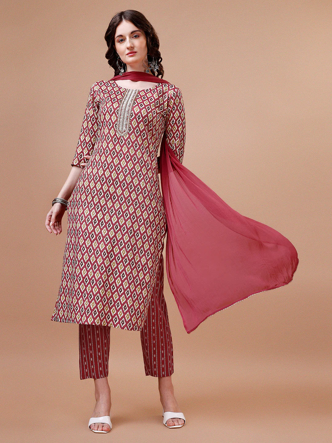 Women's Pink Ethnic Motifs Printed Cotton Kurta Pant With Dupatta