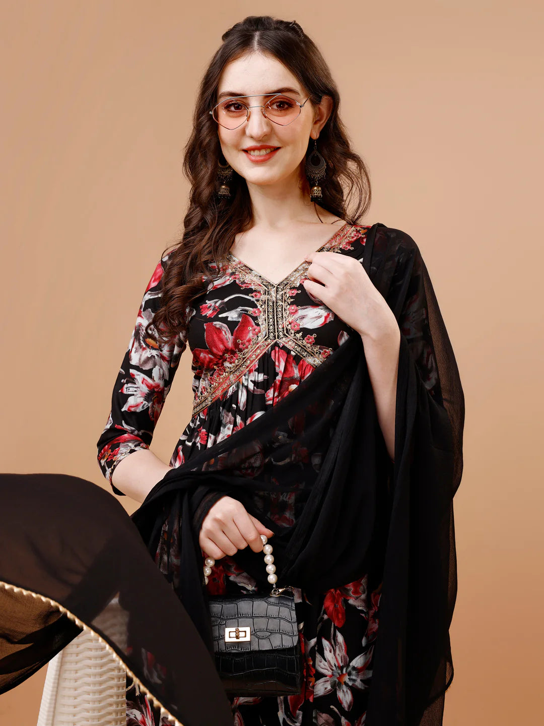 Women's Bold Black Alia Cut Printed & Embroidered Cotton Kurta Pant With Dupatta