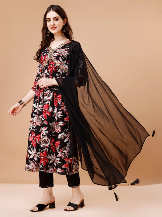 Women's Bold Black Alia Cut Printed & Embroidered Cotton Kurta Pant With Dupatta