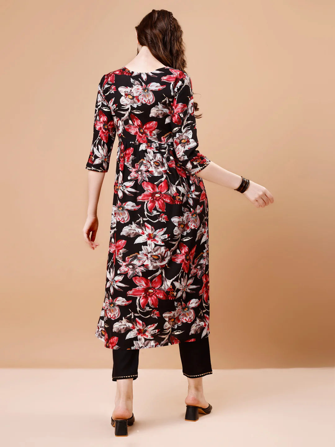 Women's Bold Black Alia Cut Printed & Embroidered Cotton Kurta Pant With Dupatta