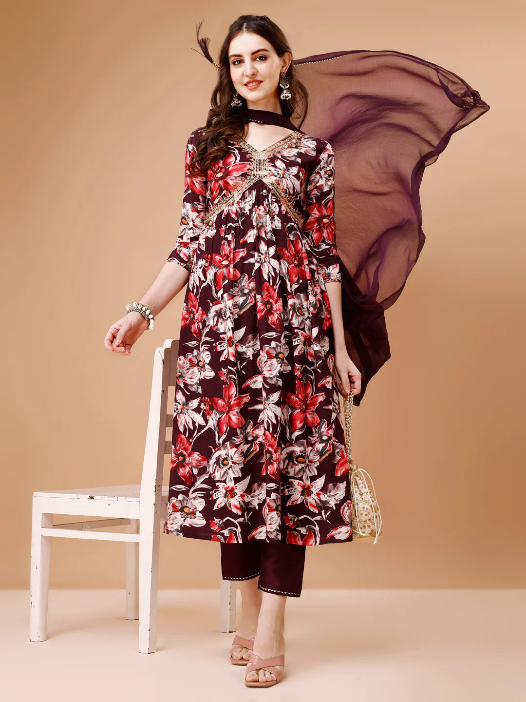 Women's WIne Alia Cut Printed & Embroidered Cotton Kurta Pant With Dupatta