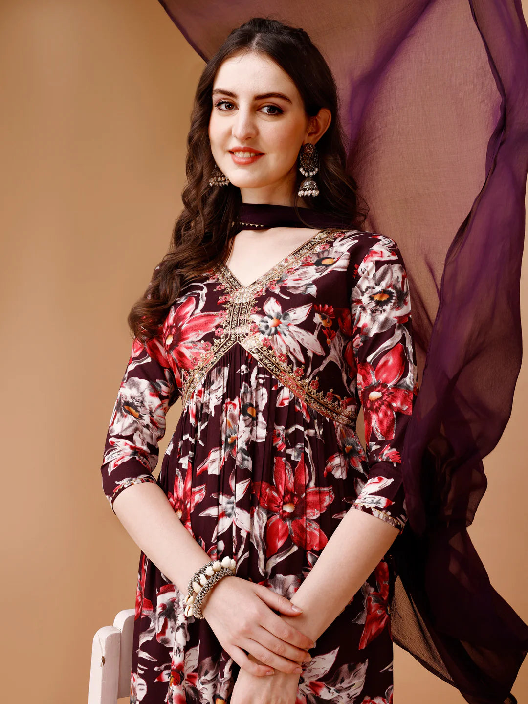 Women's WIne Alia Cut Printed & Embroidered Cotton Kurta Pant With Dupatta