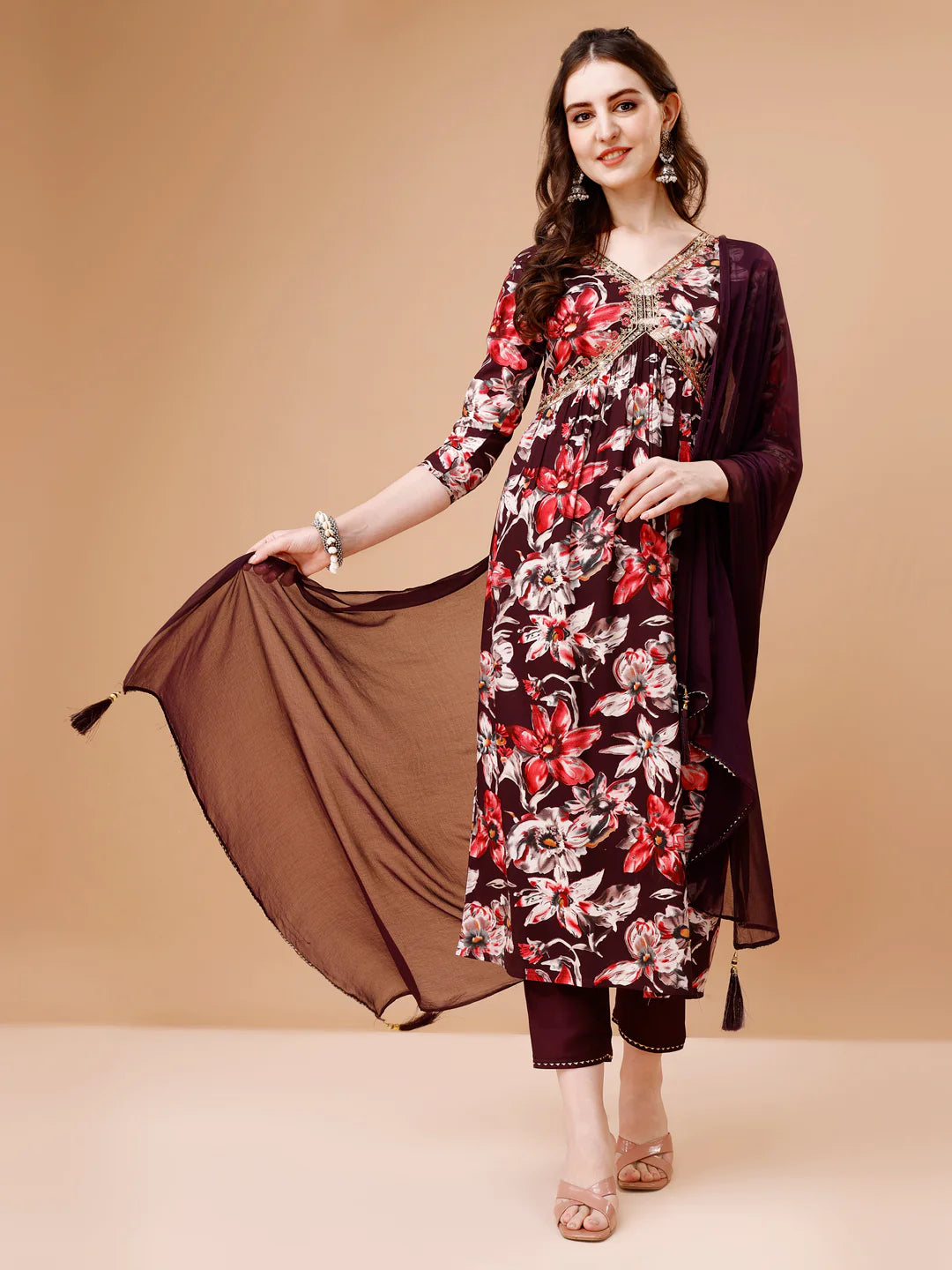 Women's WIne Alia Cut Printed & Embroidered Cotton Kurta Pant With Dupatta