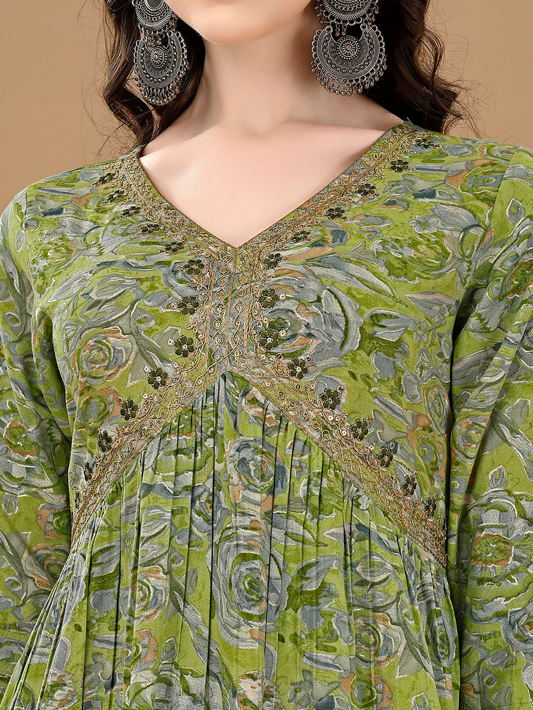 Women's Green Alia Cut Printed & Embroidered Cotton Kurta Pant With Dupatta