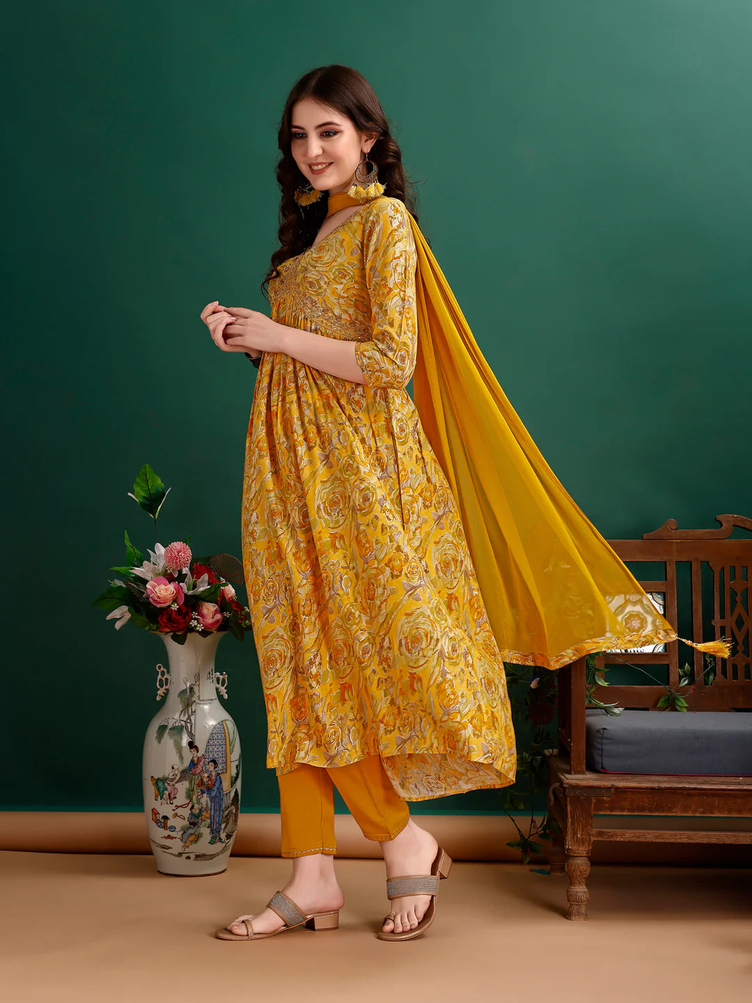 Women's Mustard Yellow Alia Cut Printed & Embroidered Cotton Kurta Pant With Dupatta