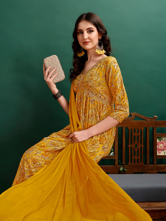 Women's Mustard Yellow Alia Cut Printed & Embroidered Cotton Kurta Pant With Dupatta