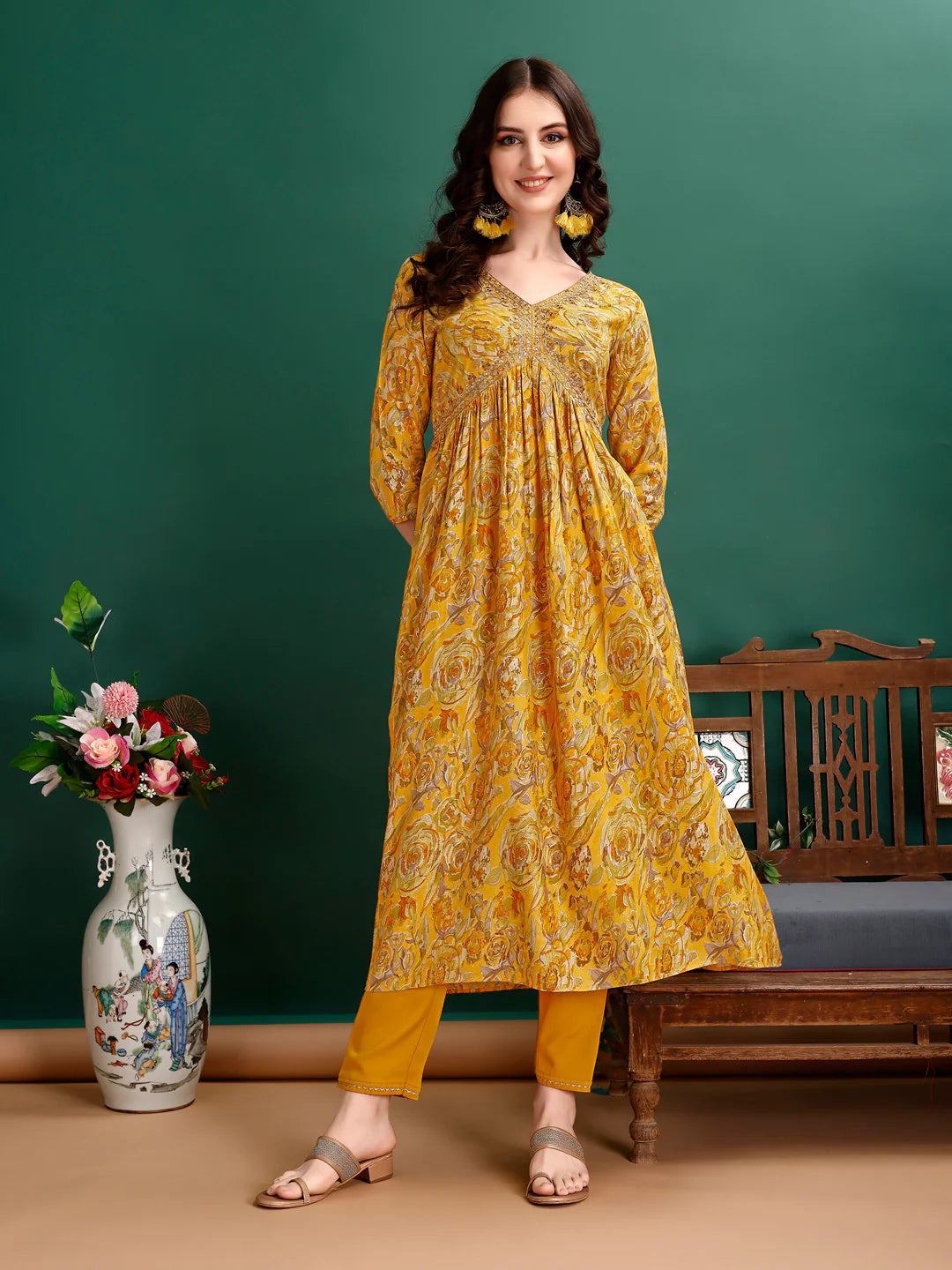 Women's Mustard Yellow Alia Cut Printed & Embroidered Cotton Kurta Pant With Dupatta