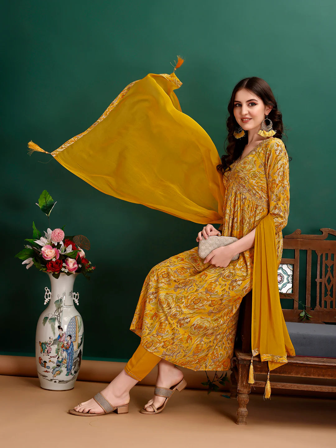 Women's Mustard Yellow Alia Cut Printed & Embroidered Cotton Kurta Pant With Dupatta