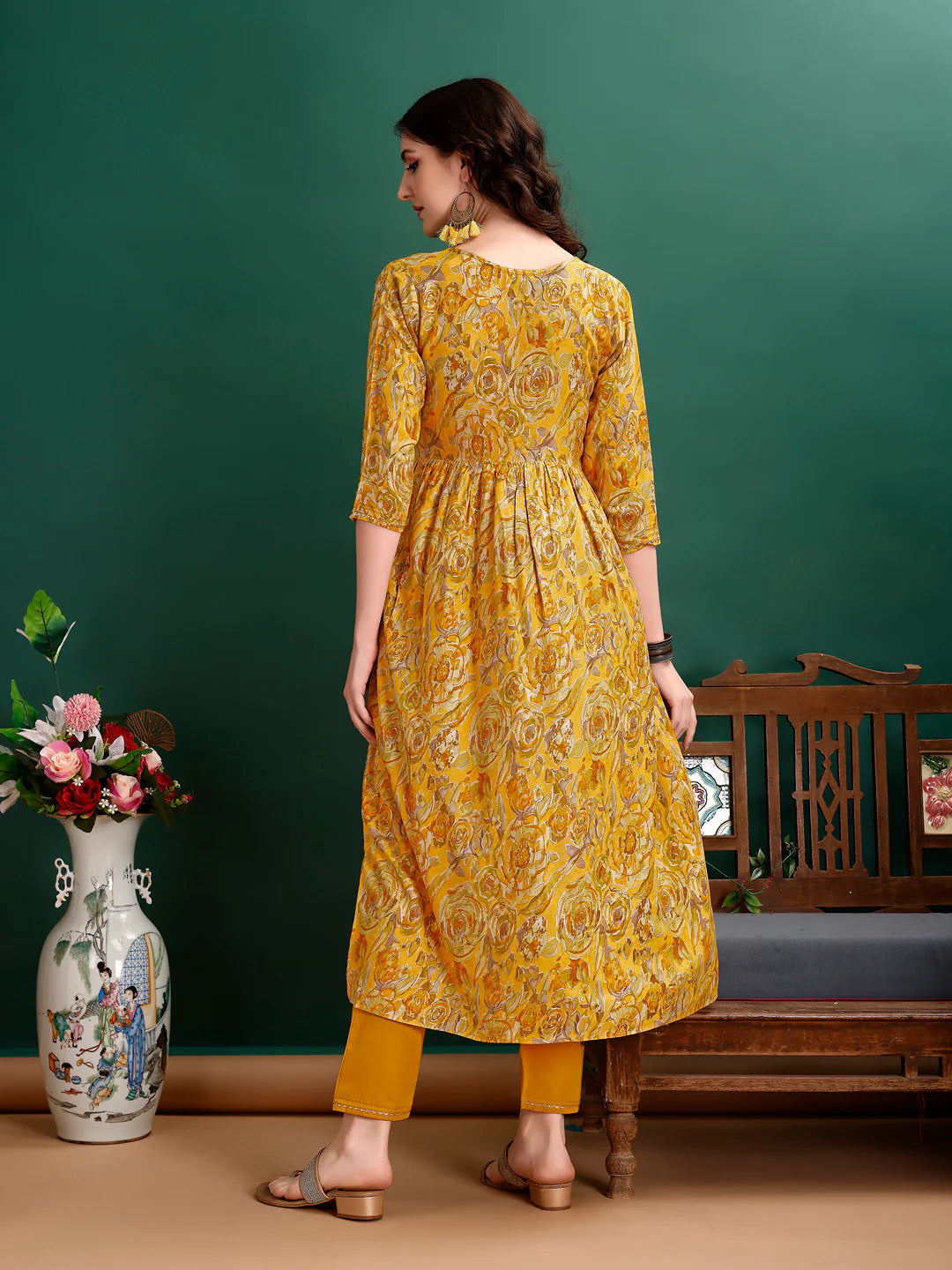Women's Mustard Yellow Alia Cut Printed & Embroidered Cotton Kurta Pant With Dupatta