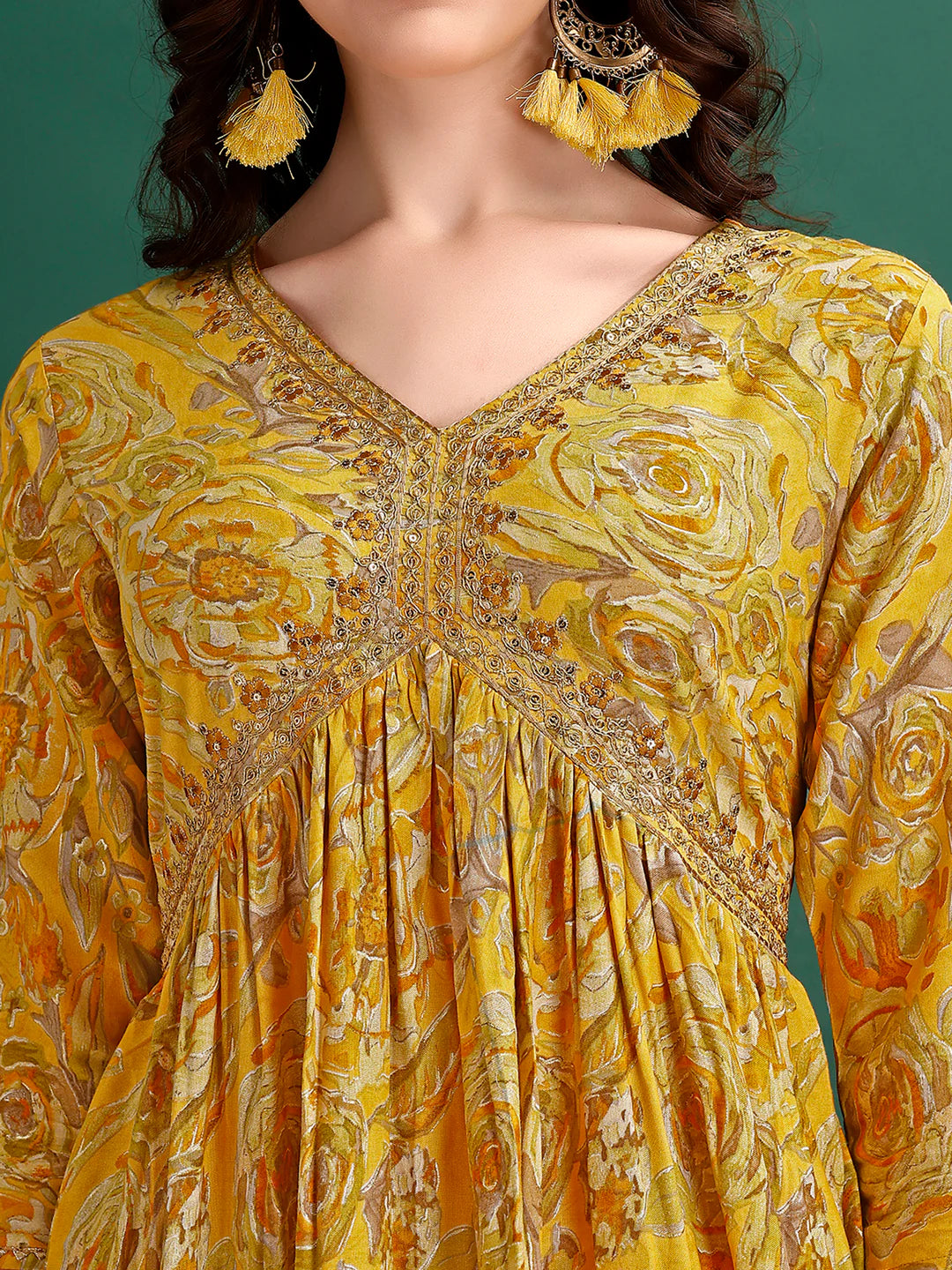 Women's Mustard Yellow Alia Cut Printed & Embroidered Cotton Kurta Pant With Dupatta