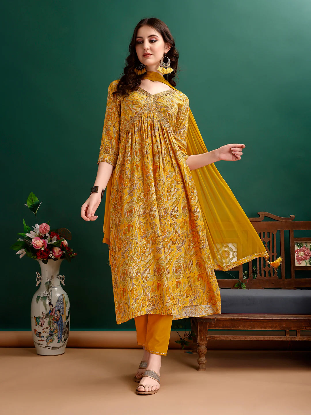 Women's Mustard Yellow Alia Cut Printed & Embroidered Cotton Kurta Pant With Dupatta