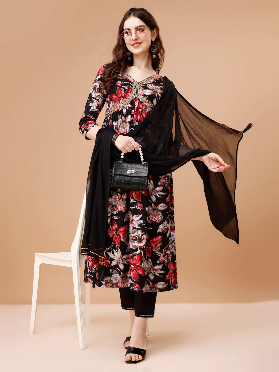 Women's Bold Black Alia Cut Printed & Embroidered Cotton Kurta Pant With Dupatta