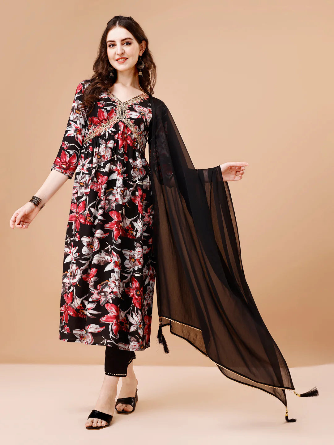 Women's Bold Black Alia Cut Printed & Embroidered Cotton Kurta Pant With Dupatta