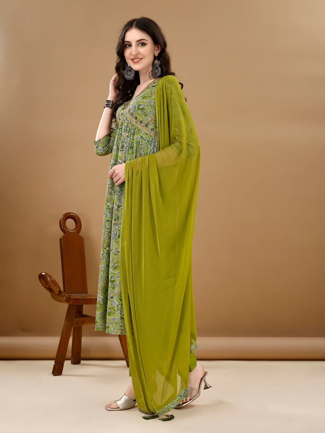 Women's Green Alia Cut Printed & Embroidered Cotton Kurta Pant With Dupatta