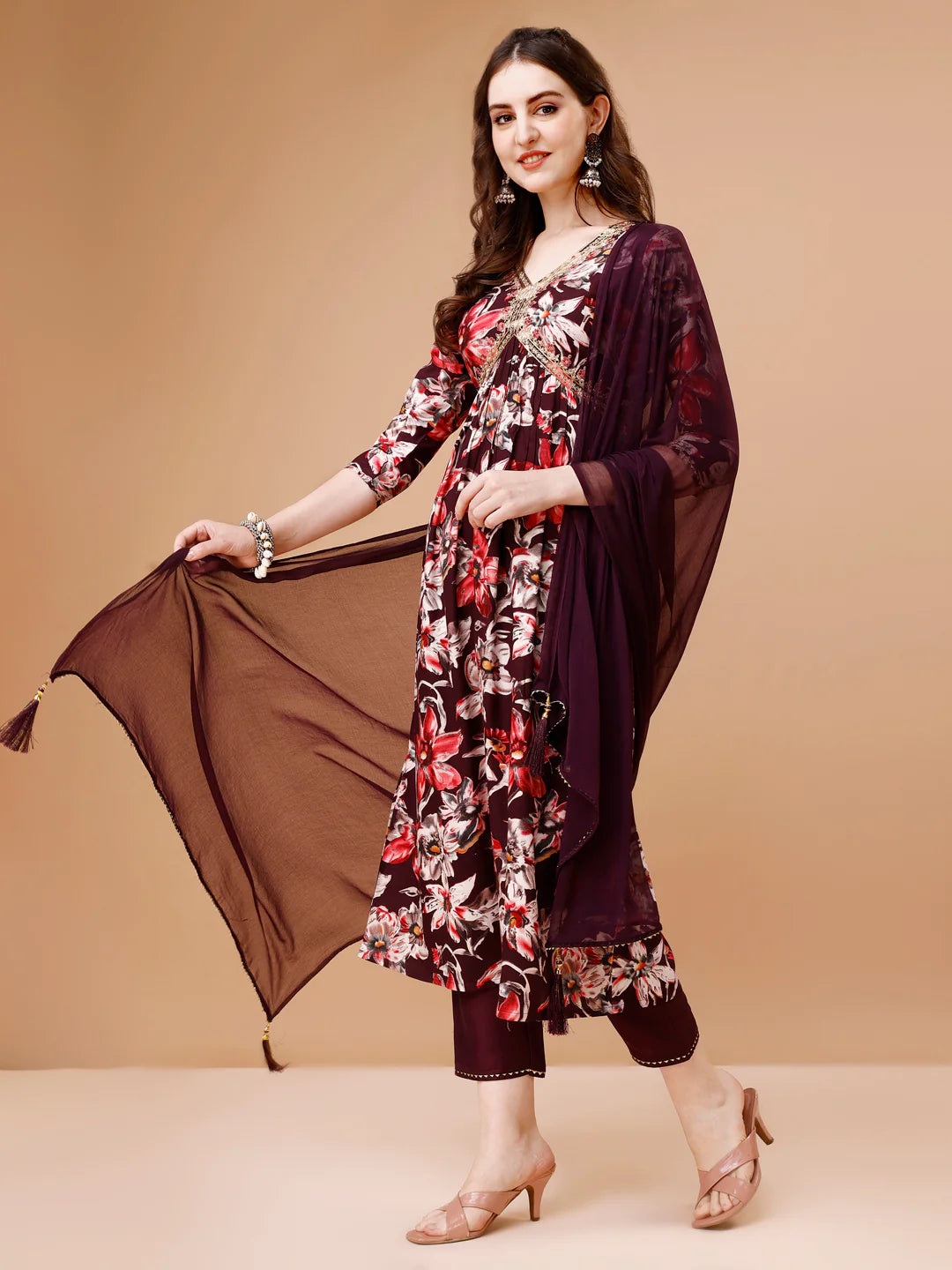 Women's WIne Alia Cut Printed & Embroidered Cotton Kurta Pant With Dupatta
