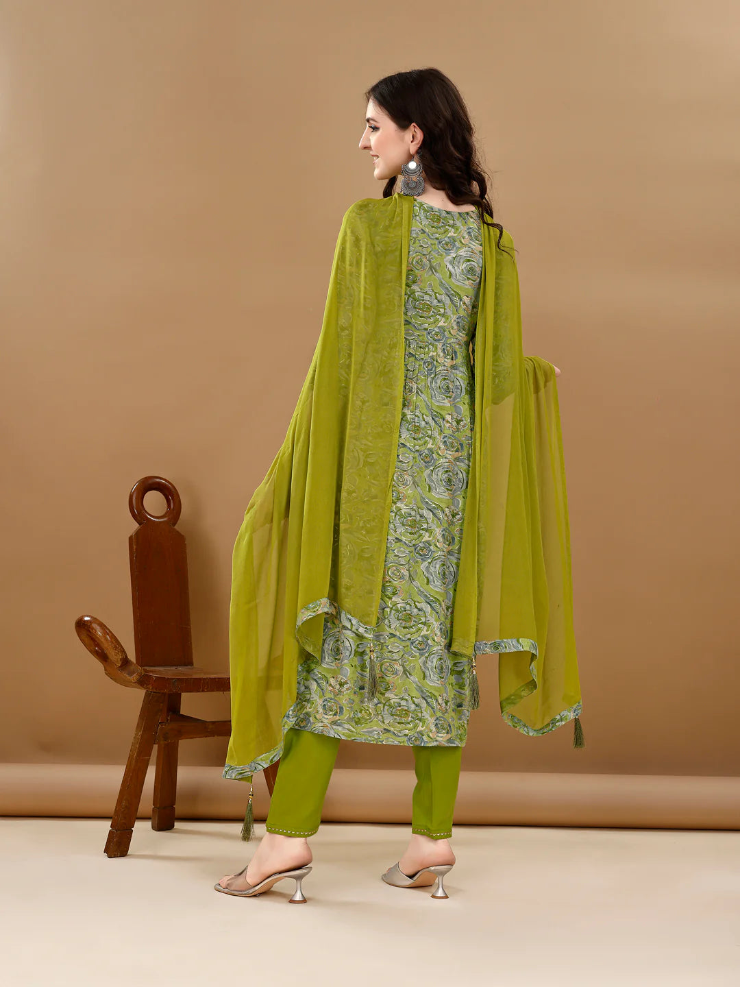 Women's Green Alia Cut Printed & Embroidered Cotton Kurta Pant With Dupatta