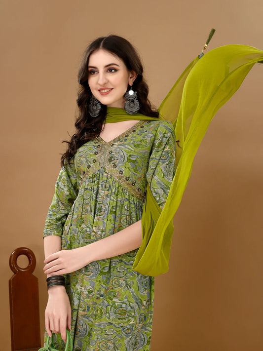 Women's Green Alia Cut Printed & Embroidered Cotton Kurta Pant With Dupatta