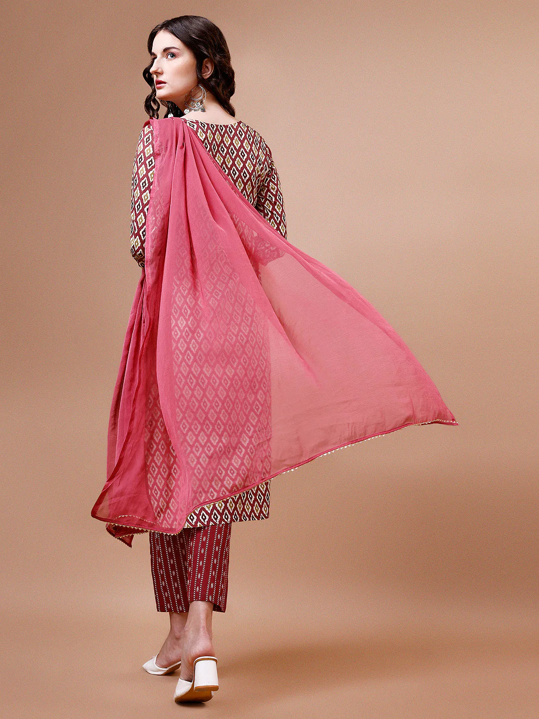 Women's Pink Ethnic Motifs Printed Cotton Kurta Pant With Dupatta