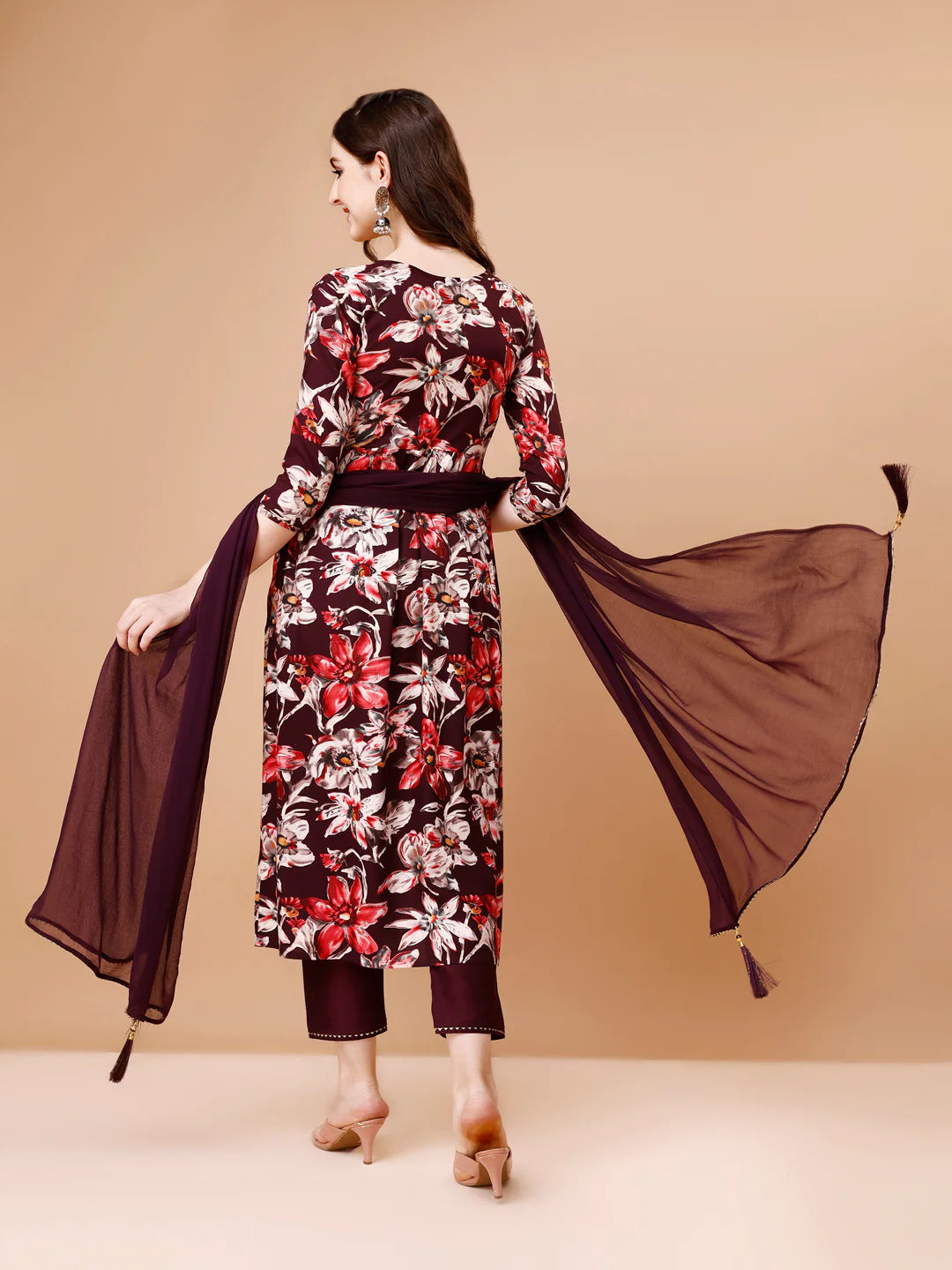 Women's WIne Alia Cut Printed & Embroidered Cotton Kurta Pant With Dupatta