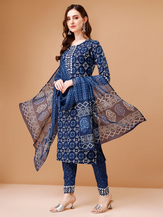 Women's Striking Blue Ikat Printed Kurta Pant With Dupatta