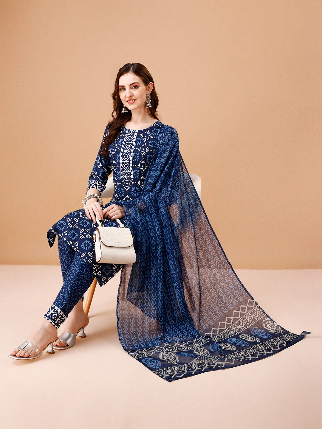 Women's Striking Blue Ikat Printed Kurta Pant With Dupatta