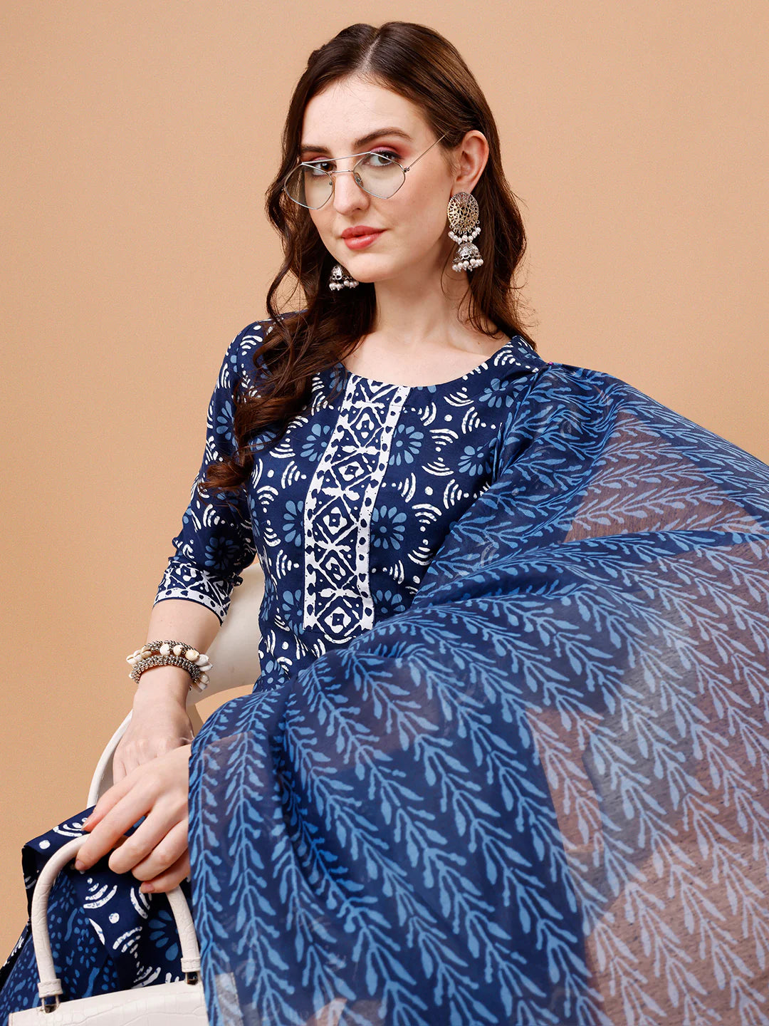 Women's Striking Blue Ikat Printed Kurta Pant With Dupatta