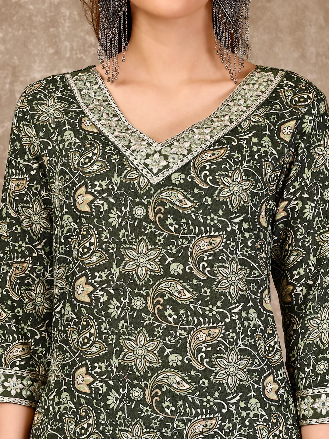 Women's Green Embroidered And Printed Cotton Kurta Pant With Dupatta