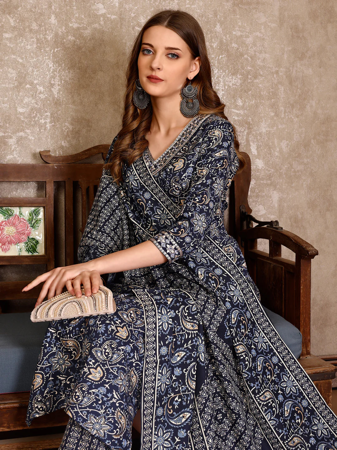 Women's Teal Blue Embroidered And Printed Cotton Kurta Pant With Dupatta